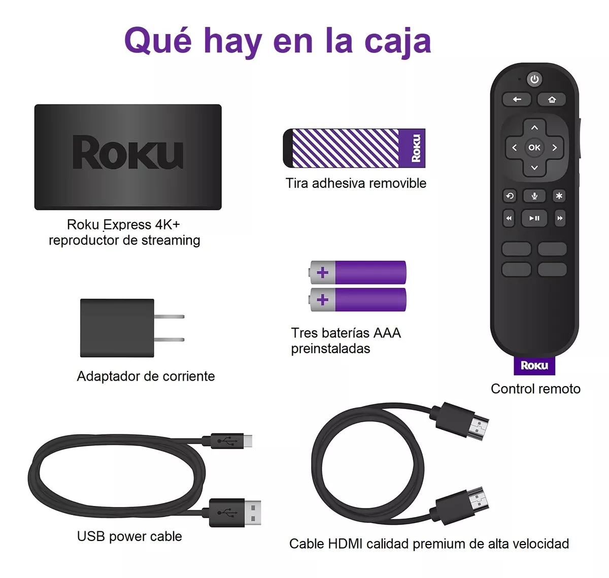 Descricpción del contenido de la caja del Roku Express 4k+