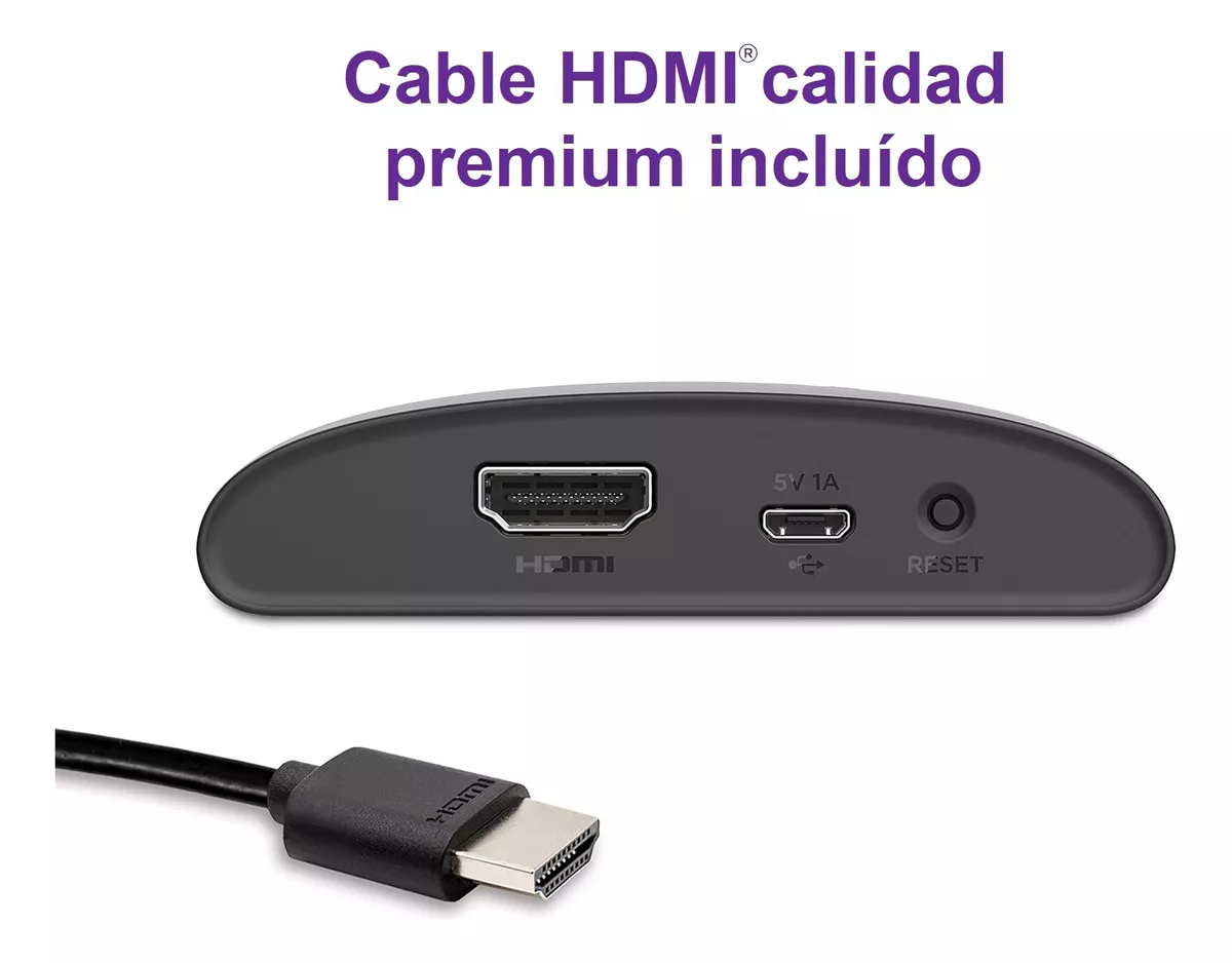 Vista trasera del reproductor Roku Express 4k+ y cable HDMI
